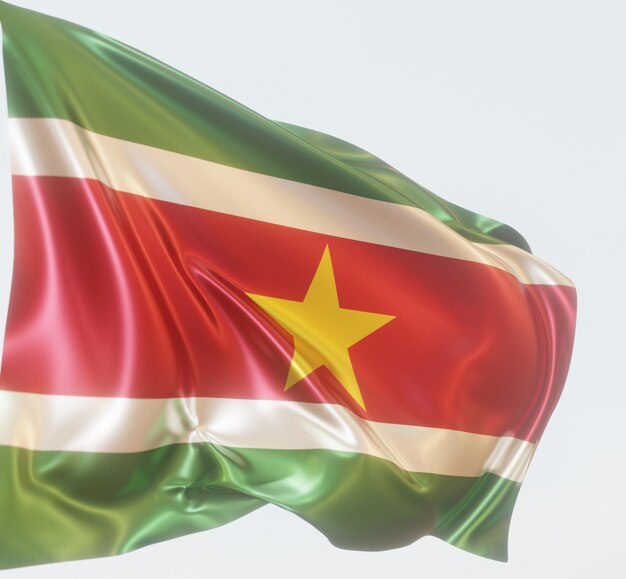 abstrakte 3d-illustration der suriname-flagge auf welligem glänzendem stoff auf weißem glänzendem hintergrund