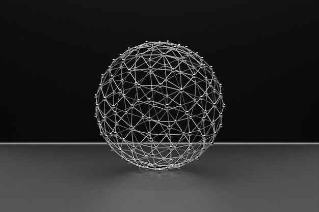 Abstrakte 3D-Kugel aus Neonpunkten und Streifen Globale Netzwerkverbindung Abstraktes Globe Grid Weltweites Kommunikationskonzept
