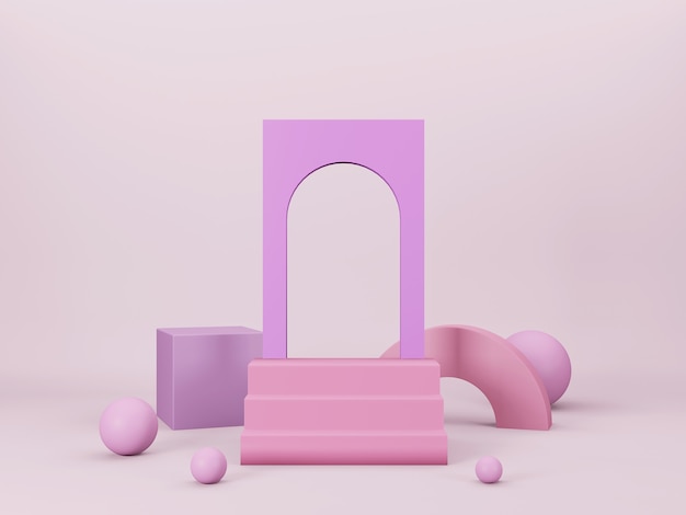 Abstrakte 3D-Minimalszene mit rosa und lila geometrischen Formen auf hellrosa Hintergrund