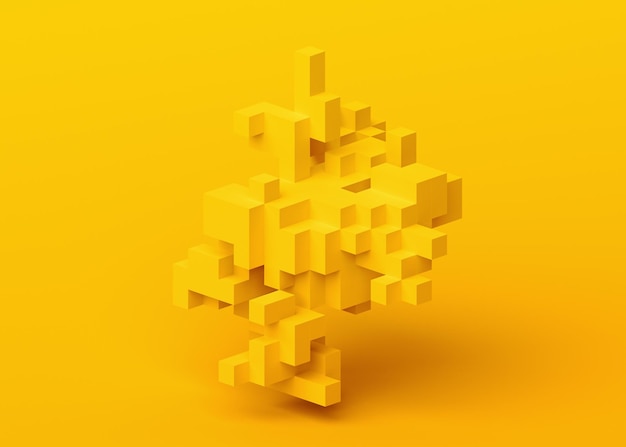 Abstrakte 3D-Render-Geometrie-Komposition, gelbes Hintergrunddesign mit Würfeln