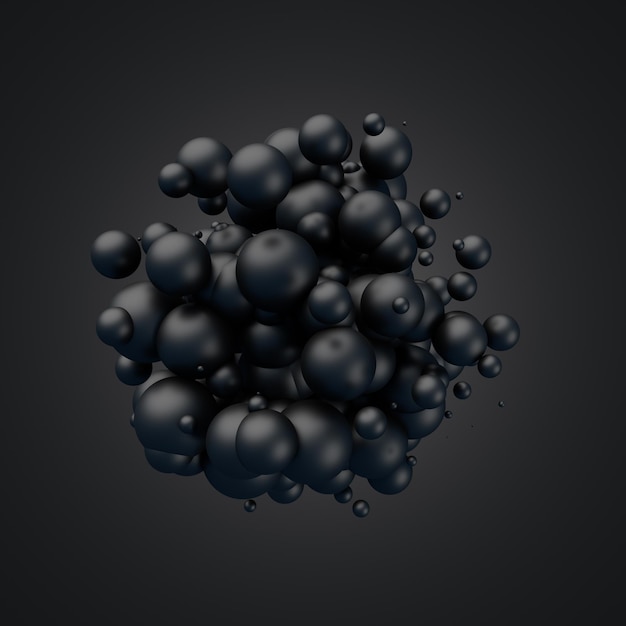 Abstrakte 3D-Rendering von chaotischen Partikeln. Schwarze Kugeln im leeren Raum. Futuristischer Hintergrund.