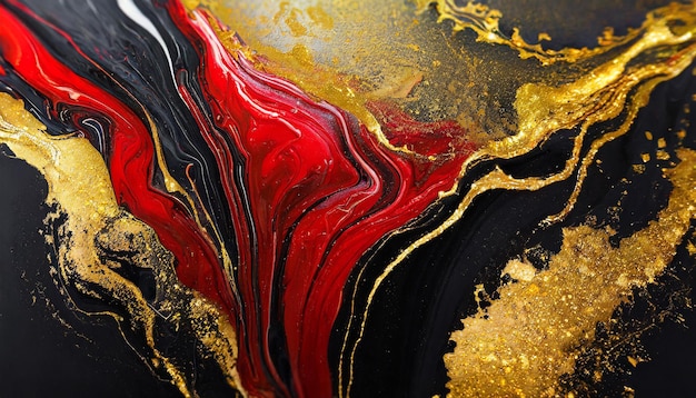 Abstrakte Acrylmalerei Close-up roter schwarzer Goldhintergrund Ölfarbe Textur mit Pinselstrichen