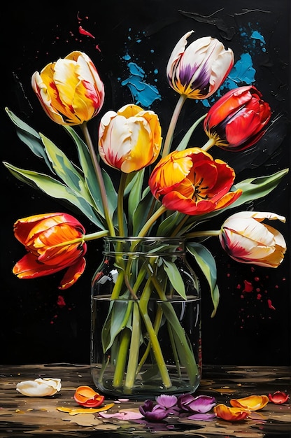 Abstrakte Anordnung von mehrfarbigen Tulpen, Blumenkunst, Ölgemälde, Textur, Palettenmesser-Kunstwerk