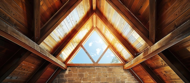 Abstrakte Ansicht des Holz- und Steinmischdachdesigns mit großem Dreieckfenster