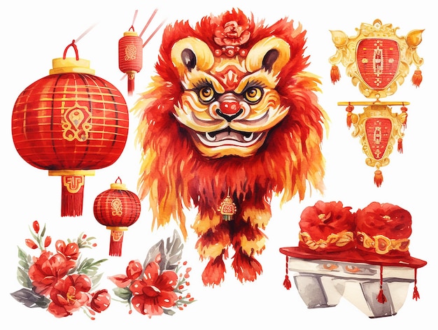 Foto abstrakte aquarell des chinesischen neujahrs element dekorativ mit rotem und weißem hintergrund dekoration laternen wolken blumen löwe tanz drachen regenschirm set sammlung für muster