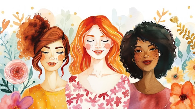 Foto abstrakte aquarell drei frauen freundschaft stehen zusammen im cartoon-stil ki-generiertes bild