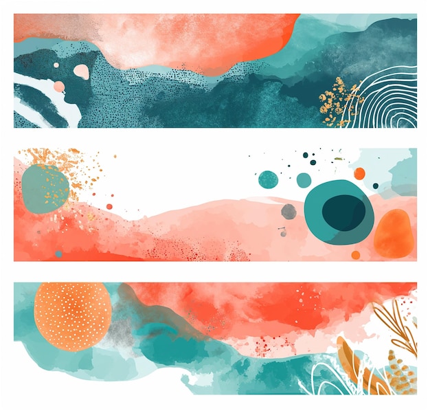 Abstrakte Aquarellbanner mit organischen Formen und botanischen Elementen, die lebendige Texturen und Spritzer in einem modernen Design präsentieren