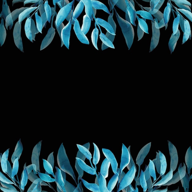 Abstrakte Aquarellillustration Blätter in blauen Farben isoliert auf schwarzem Hintergrund Laubrahmen