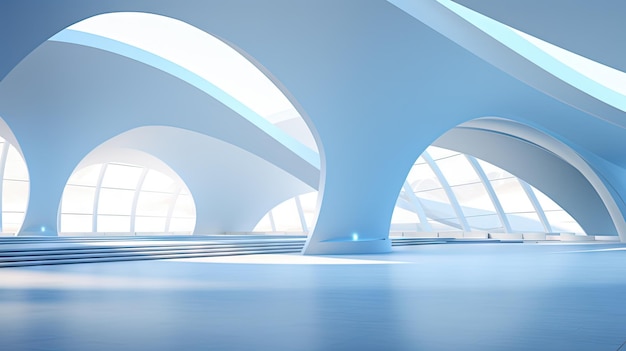 Abstrakte Architekturszene mit glatten Kurven Abstrakter Hintergrund mit futuristischem Gebäude in weißen und blauen Farben