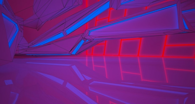 Abstrakte Architekturzeichnung, weißer Innenraum mit Farbverlauf-Neonbeleuchtung, 3D-Illustration