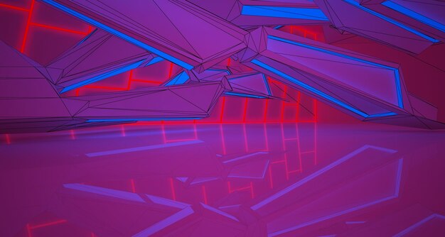 Abstrakte Architekturzeichnung, weißer Innenraum mit Farbverlauf-Neonbeleuchtung, 3D-Illustration