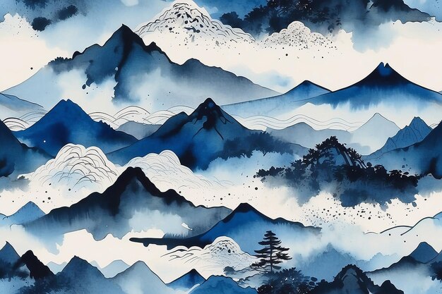 Abstrakte Berglandschaft in indigo-Tinte im japanischen Stil