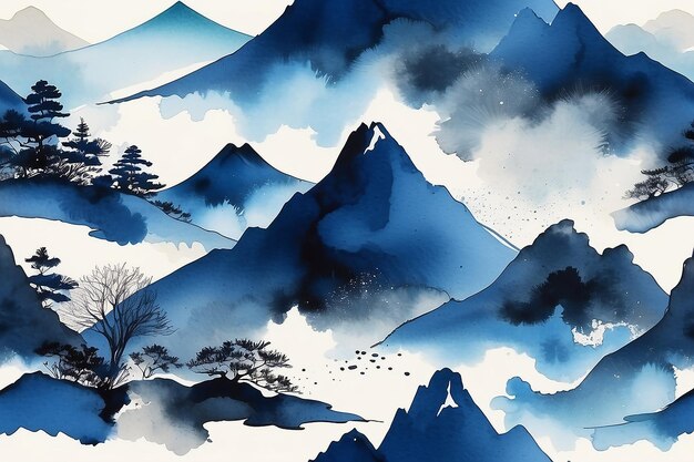 Abstrakte Berglandschaft in indigo-Tinte im japanischen Stil