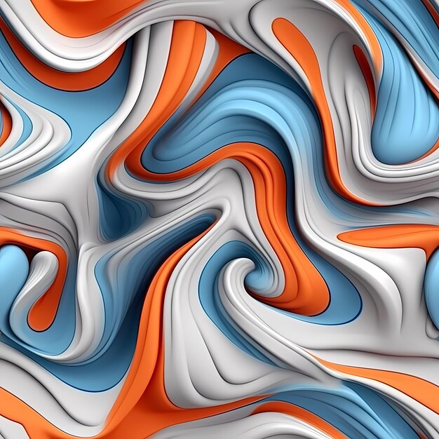 Abstrakte blau-weiße, abstrakte, nahtlose Wiederholungsmuster-Tapete im 3D-Stil. Weiße und orangefarbene Kurven im 3D-Stil. Hintergrund für Textildruck. Generative KI