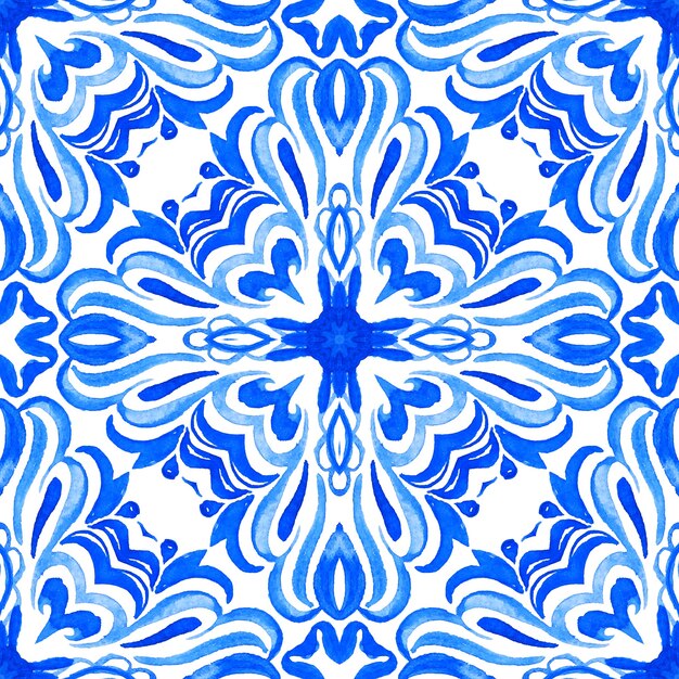 Abstrakte blaue und weiße Hand gezeichnete Fliese nahtloses dekoratives Aquarellfarbenmuster