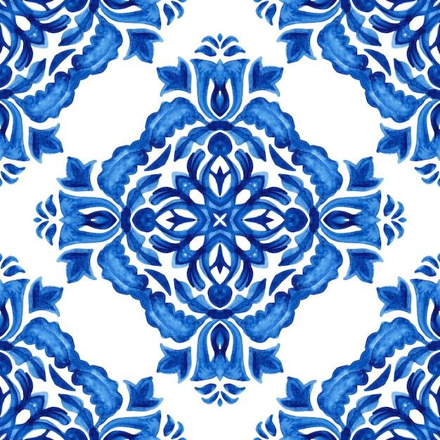 Abstrakte blaue und weiße handgezeichnete Fliese nahtlose dekorative Aquarellfarbenmuster.