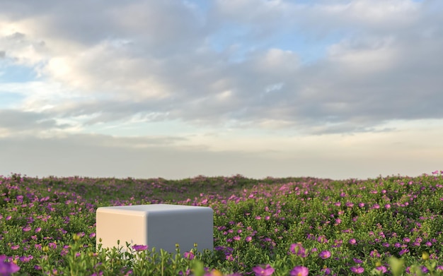 Abstrakte blumenfeldszene mit podium für die wiedergabe des produktanzeigehintergrunds 3d