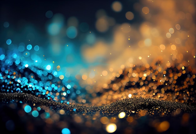 Abstrakte Bokeh-Lichter in Gold und Silber auf schwarzem strukturiertem Hintergrund. Festliches und elegantes Design für Urlaubs- oder Partythemen AI Generative