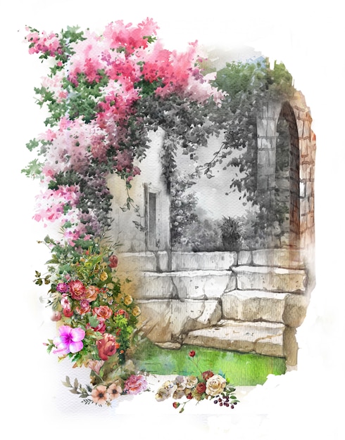 Abstrakte bunte Blumenaquarellmalerei Landschaft. Frühling mit Gebäuden und Mauern