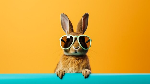 Foto abstrakte clipart von white rabbit mit trendiger sonnenbrille zeitgenössischer bunter hintergrund