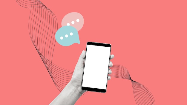 Abstrakte Collage des kreativen Trends des Frauenhandarms, der Mitteilungen Social-Media-Handy gibt