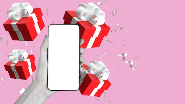 Abstrakte Collage des kreativen Trends des Hand-Arm-Algorithmus der Frau erhält Geschenkboxen Handy