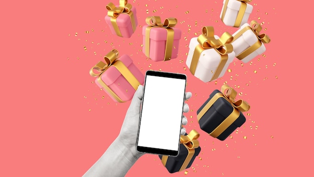 Abstrakte Collage des kreativen Trends des Hand-Arm-Algorithmus der Frau erhält Geschenkboxen Handy
