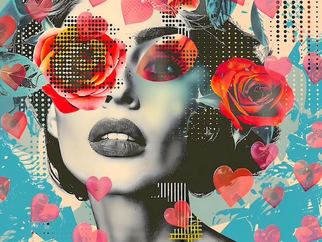 Abstrakte Collage-Hintergrund, Frauengesicht und Blumen, künstlerisches Design