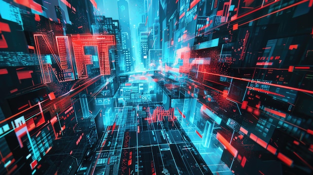 Abstrakte Cyberpunk-Stadt mit NFT-Modern-Token auf digitalem Neon-Hintergrund Thema der Blockchain nicht fungible Krypto-Kunst Daten Bitcoin-Galerie