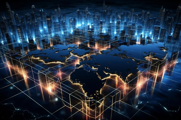 Abstrakte Darstellung des globalen Netzwerks von Cyber-Technologie und Internet-Konnektivität auf der Weltkarte