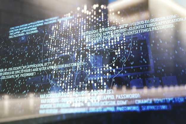 Abstrakte Darstellung des virtuellen Codeschädels auf verschwommenem Hintergrund des modernen Bürogebäudes Hacking- und Phishing-Konzept Mehrfachbelichtung