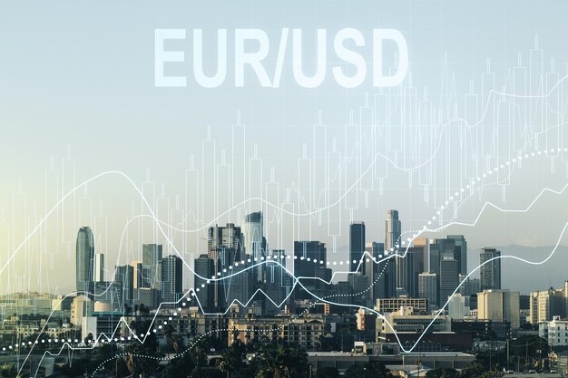Abstrakte Darstellung des virtuellen EURO-USD-Finanzdiagramms auf dem Hintergrund der Skyline von Los Angeles Handels- und Währungskonzept Mehrfachbelichtung