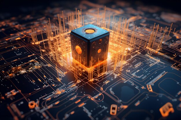 Foto abstrakte darstellung einer quantenprozessor-computerplatte mit leuchtenden bits und schaltkreismustern