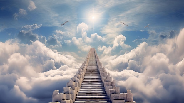 Abstrakte Darstellung einer Treppe zum Himmel, geschmückt mit Wolken und einer friedlichen Taube, die eine fesselnde visuelle Darstellung schafft, die spirituellen Aufstieg und Ruhe Generative Ai symbolisiert