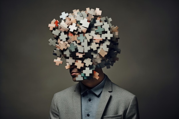 Abstrakte Darstellung innerer Unsicherheiten. Ein Mann mit einem Kopf mit Puzzlemuster vor einem dunklen Hintergrund. Gedanken, die von Verwirrung umrankt sind