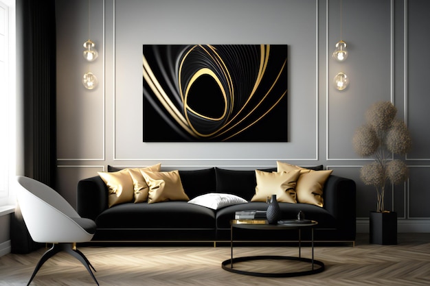 abstrakte Deko in schwarz-goldenen Designfarben an der Wand in einem neuralen Interieur im minimalistischen Stil