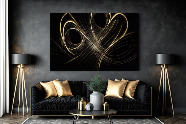 abstrakte Deko in schwarz-goldenen Designfarben an der Wand in einem neuralen Interieur im minimalistischen Stil