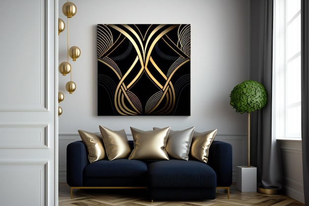 abstrakte Deko in schwarz-goldenen Designfarben an der Wand in einem neuralen Interieur im minimalistischen Stil