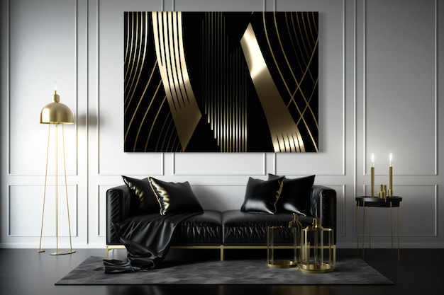 abstrakte Deko in schwarz-goldenen Designfarben an der Wand in einem neuralen Interieur im minimalistischen Stil