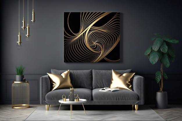 abstrakte Deko in schwarz-goldenen Designfarben an der Wand in einem neuralen Interieur im minimalistischen Stil