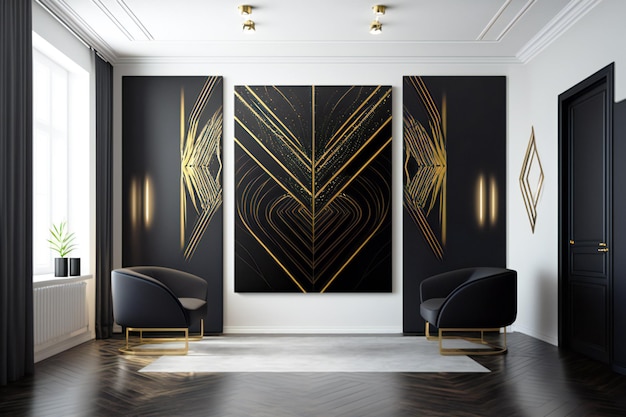 abstrakte Deko in schwarz-goldenen Designfarben an der Wand in einem neuralen Interieur im minimalistischen Stil