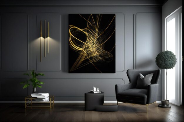 abstrakte Deko in schwarz-goldenen Designfarben an der Wand in einem neuralen Interieur im minimalistischen Stil