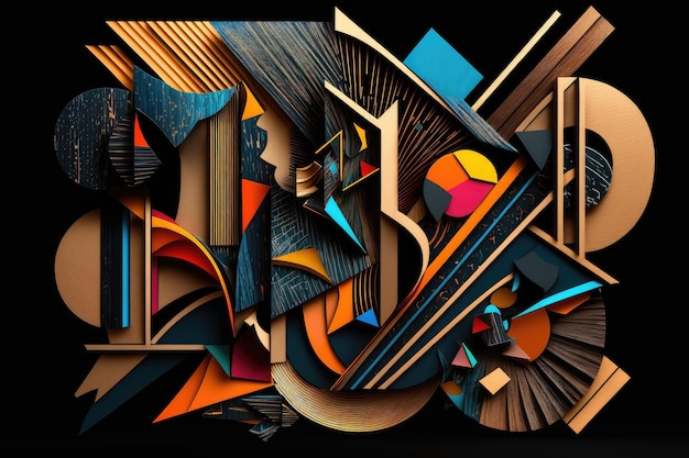 Abstrakte digitale Collage aus farbenfrohen geometrischen Formen und Linien auf schwarzem Holzhintergrund