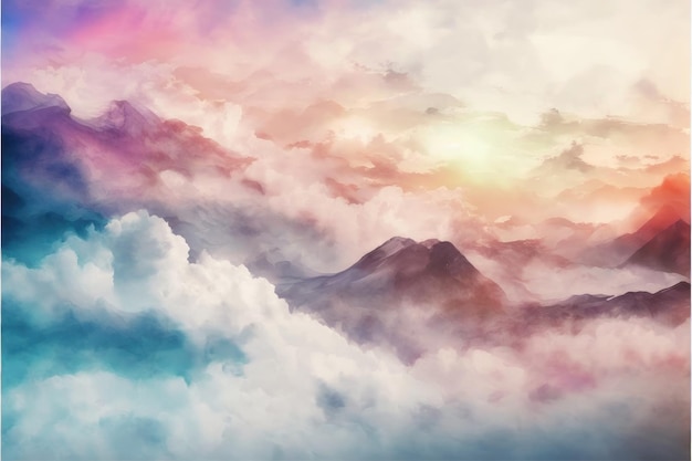 Abstrakte digitale Kunst in farbenfrohen Bergen mit Wolkengebilde, gemalt mit Aquarellfarben