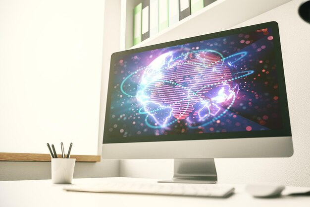Abstrakte digitale Weltkarte mit Verbindungen auf modernem Computermonitor Big Data und Blockchain-Konzept 3D-Rendering