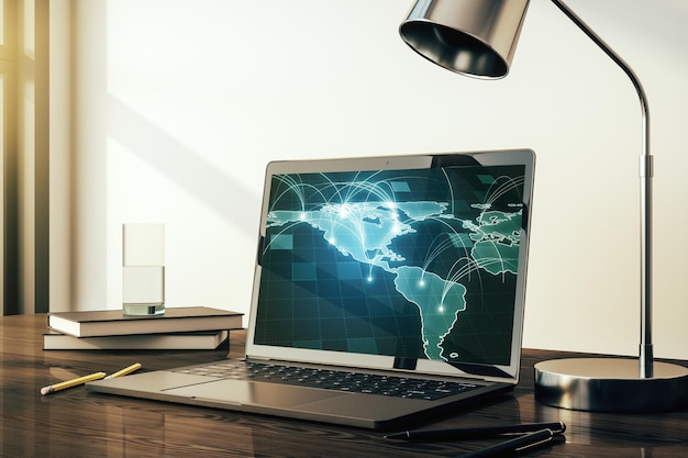 Abstrakte digitale Weltkarte mit Verbindungen auf modernem Computermonitor Big Data und Blockchain-Konzept 3D-Rendering