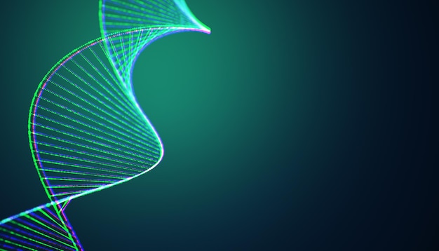 Abstrakte DNA-Spirale mit leuchtenden grünen und blauen Linien auf einem dunklen Gradienten-Hintergrund 3D-Rendering