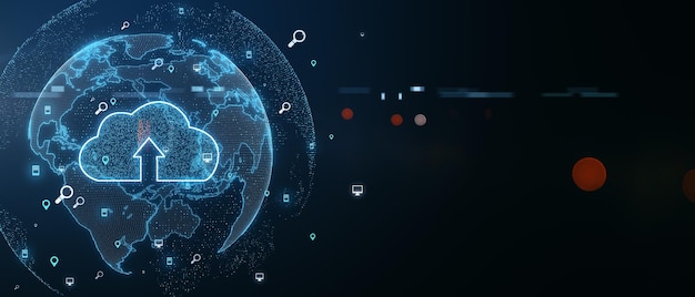 Abstrakte dunkle Tapete mit digitalem leuchtendem Wolksymbol in Weltkartenmodell, Vergrößerungs-Symbolen und Copyspace für Ihr Logo, Cloud-Technologie-Konzept, 3D-Rendering-Mockup