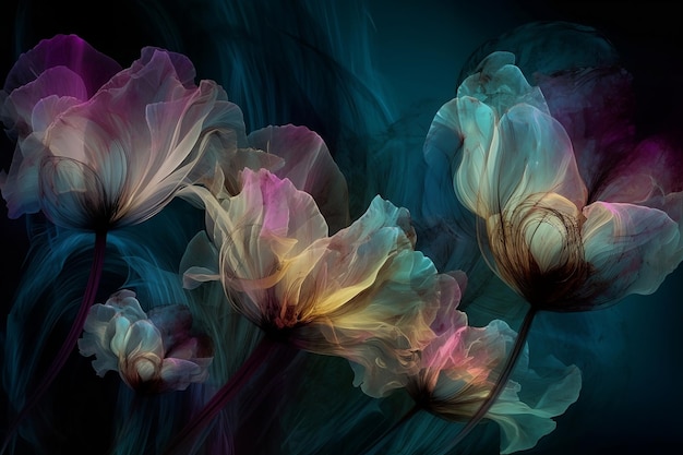 Abstrakte durchscheinende mehrfarbige Blumen auf dunklem Hintergrund