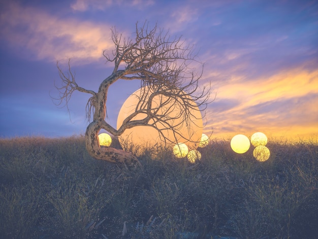 Abstrakte Fantasieszene mit totem Baum.